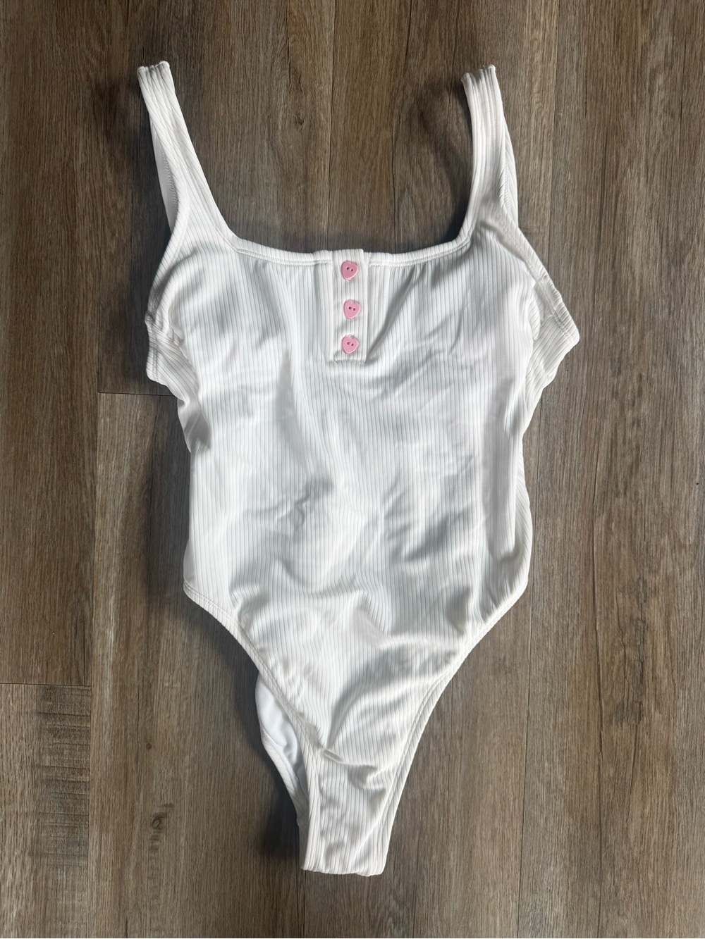 Stoney Clover Lane White Ribbed One-Piece with Pink Buttons